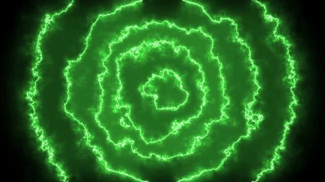 Abstract green electric energy spiral with glowing lightning rings and smoke on dark background