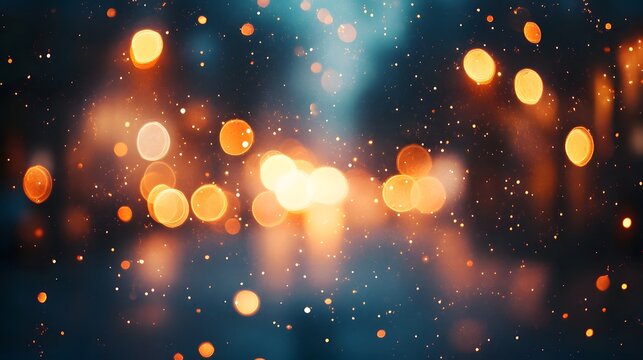Golden festive bokeh lights glowing softly on a dark night background with falling snow