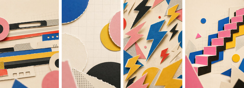 Retro 1980s geometric paper collage background collection with Memphis shapes, pastel colours and abstract scenes for posters