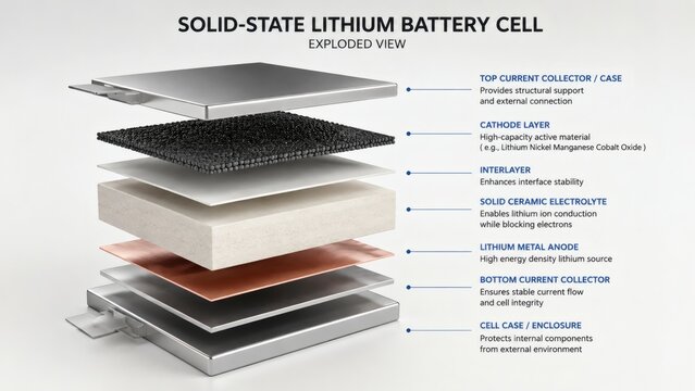 Exploded View 3D Diagram of Solid State Battery Cell Layers and Anode