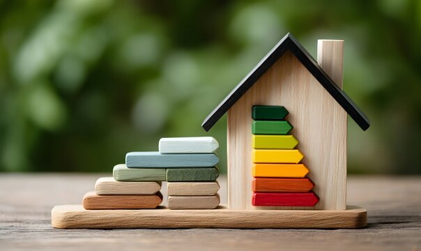 Miniature wooden house model displaying energy efficiency rating color scales