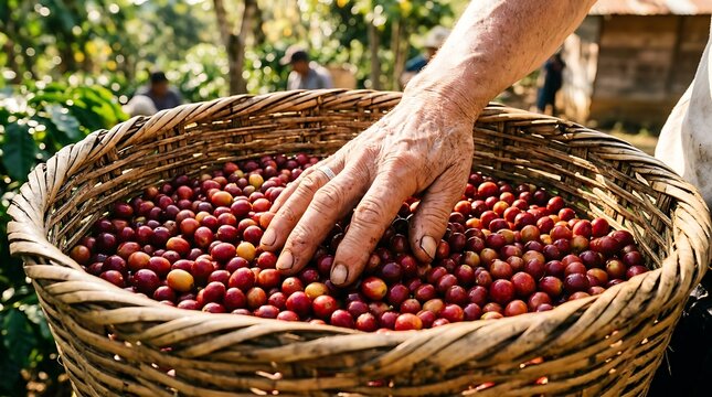 Farmer hand harvesting ripe red coffee cherries in woven basket photography for fair trade agricultural industry use