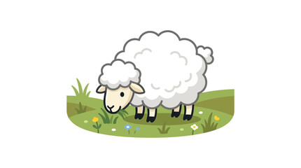 Obraz premium Cute cartoon sheep with fluffy white wool grazing in a vibrant green meadow with small colorful flowers, depicting a peaceful farm animal scene.