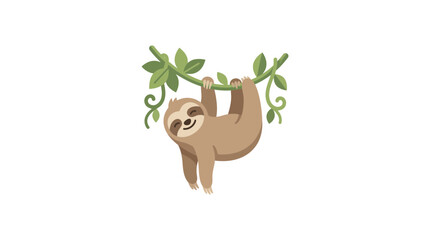 Naklejka premium Cute cartoon sloth hanging upside down from a leafy green branch with a happy smile on a white background.