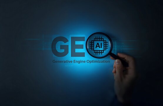 GEO Generative Engine Optimization concept. Hand holding magnifying glass over AI search text, symbolizing content visibility, machine-driven discovery, digital strategy