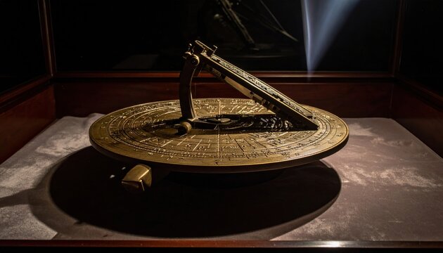 Intricate antique brass astrolabe with detailed engravings, an astronomical navigational tool