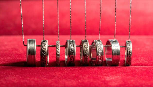 Set of polished silver metal rings with ornate engraved patterns, displayed on threads against a red background