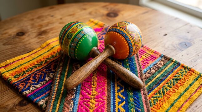 Vibrant maracas on colorful textile background ,Hispanic Heritage Celebration Month, Latino Ctivalultural Festival, Cinco de Mayo, D&iacute;a de los Muertos, Carnaval, Inti Raymi