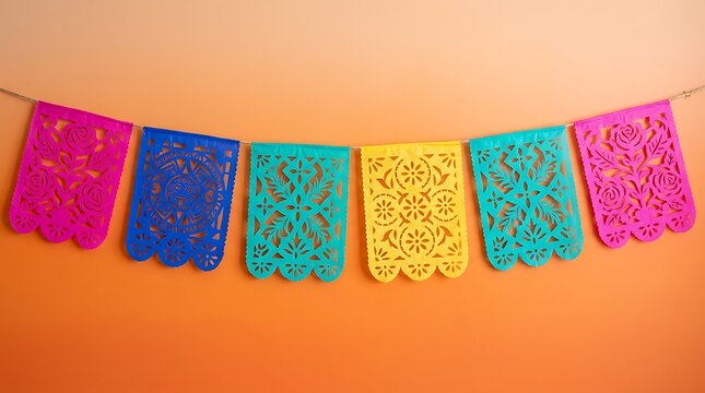 Vibrant papel picado banner for Mexican fiesta ,Hispanic Heritage Celebration Month, Latino Ctivalultural Festival, Cinco de Mayo, D&iacute;a de los Muertos, Carnaval, Inti Raymi