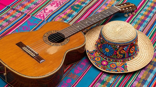 Vibrant Latin American guitar and hat still life ,Hispanic Heritage Celebration Month, Latino Ctivalultural Festival, Cinco de Mayo, D&iacute;a de los Muertos, Carnaval, Inti Raymi