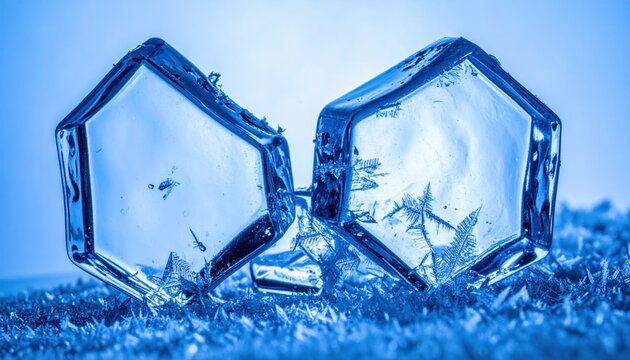 Intricate frozen water crystals forming delicate patterns on ice cubes