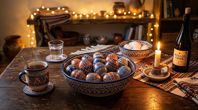 Traditional Latin American table setting with decorated eggs and mulled cider ,Hispanic Heritage Celebration Month, Latino Ctivalultural Festival, Cinco de Mayo, D&iacute;a de los Muertos, Carnaval