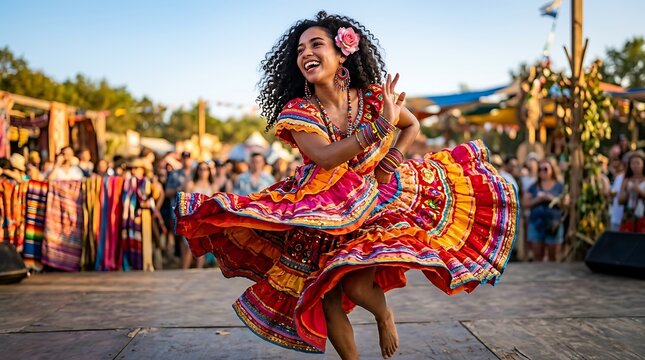 Vibrant Latina dancer in traditional dress performing at outdoor festival ,Hispanic Heritage Celebration Month, Latino Ctivalultural Festival, Cinco de Mayo, D&iacute;a de los Muertos, Carnaval, Inti Raymi