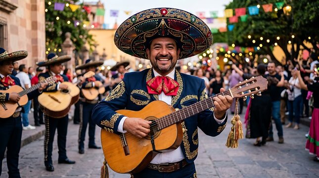 Traditional mexican mariachi musician playing guitar outdoors ,Hispanic Heritage Celebration Month, Latino Ctivalultural Festival, Cinco de Mayo, D&iacute;a de los Muertos, Carnaval, Inti Raymi