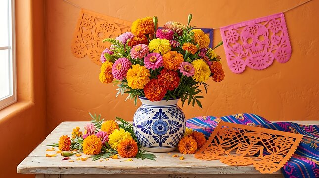 Vibrant Mexican Fiesta Flowers and Decorations ,Hispanic Heritage Celebration Month, Latino Ctivalultural Festival, Cinco de Mayo, D&iacute;a de los Muertos, Carnaval, Inti Raymi
