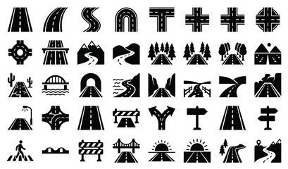 Collection of black road icons and highway symbols on white background © olid