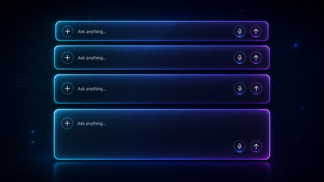 Futuristic AI Prompt Interface with Neon Blue and Purple Glassmorphism Panels
