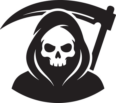 Grim reaper silhouette with a skull face and hooded cloak, holding a large scythe, black and white flat representing death, mortality, and horror themes also transparent background