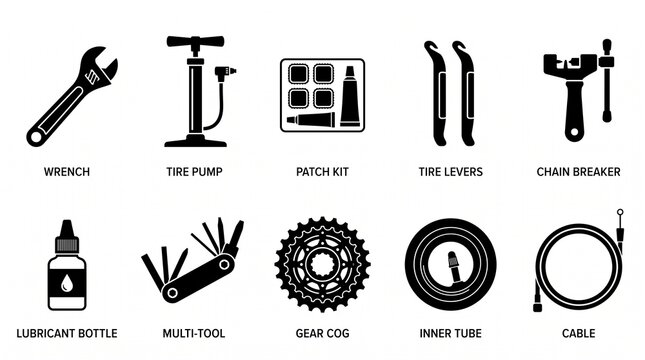 Bicycle repair tools icon set with twelve black‑and‑white line drawings including wrenches, pump, patch kit, levers, chain breaker, lubricant, and multi tool.