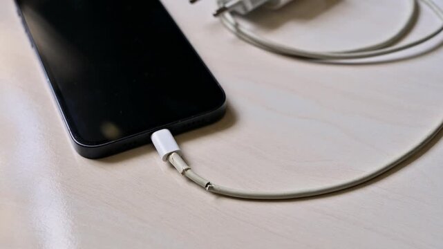 A close-up of damaged smartphone charger cable on table. Unable to charge and use smartphone.
