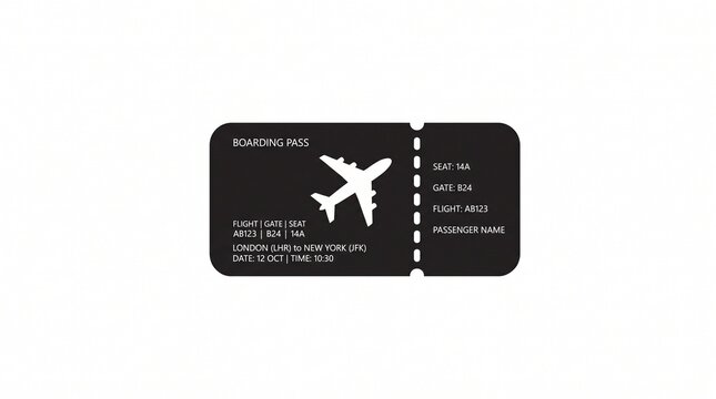 Stylized airplane ticket icon with dotted perforation, black rectangle, and white silhouettes of planes symbolizing modern air travel and ticketing.