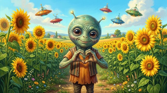 Friendly alien making a heart gesture in a sunflower field with flying saucers in the sky, whimsical extraterrestrial encounter, creative concept for UFO Day celebration