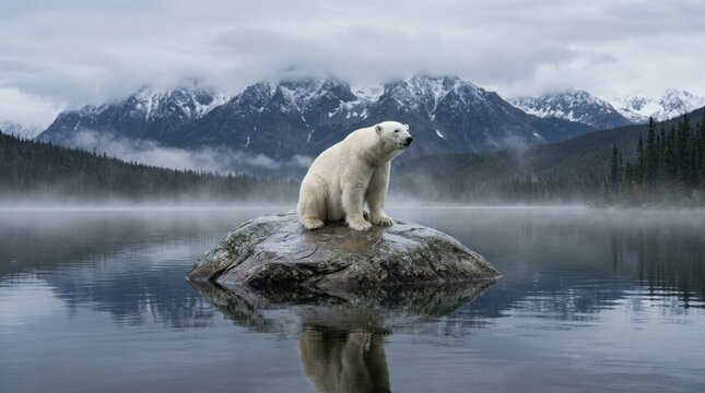 Polar bear sitting on a rock in the middle of a calm mountain lake, reflecting the snowy peaks and foggy spruce forest, symbolizing climate change and habitat loss
