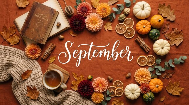 September text surrounded by autumn pumpkins, fall flowers, dried orange slices, and a warm cup of tea on a rustic brown linen background