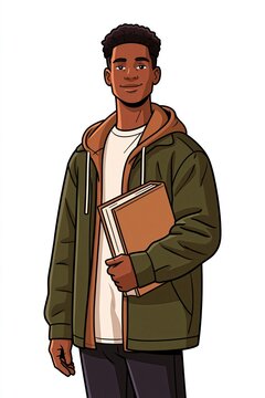 Cartoon illustration of a young man in a green jacket holding a book against a white background. The image features clean thick outlines and a minimalist style.
