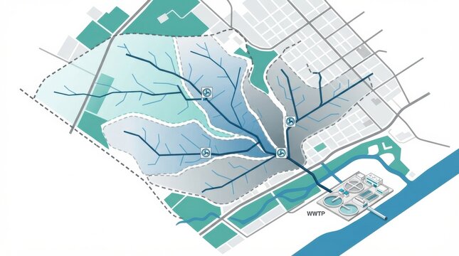 This map illustrates the stormwater drainage system and its catchment areas in an urban environment, focusing on pipeline layout and water flow.