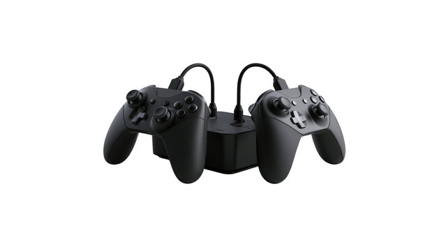 Two black video game controllers connected to central console unit isolated against clean white background with controllers plugged cables black wireless style displays two