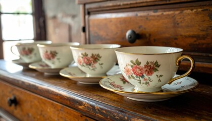 Fototapeta premium Elegant floral patterned antique porcelain teacups and saucers displayed on vintage wooden cabinet