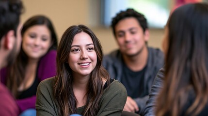 Fototapeta premium Young adults offering support during group conversation in community room