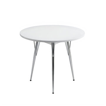 Small white round folding table with metal legs on white