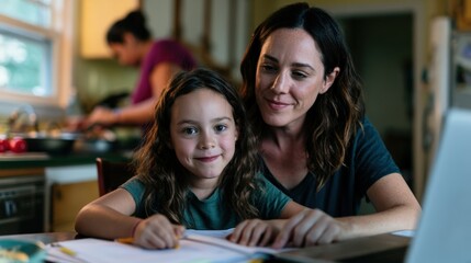 Obraz premium Parent helping child with homework at kitchen table while another adult cooks