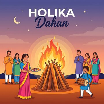 People celebrating holika dahan festival with bonfire and traditional rituals
