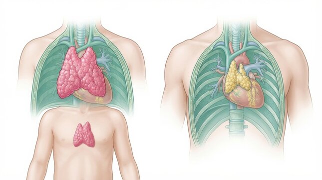 Lymphatic system is shown with focus on lymph nodes and vessels in a human body. Involution anatomy highlights the organ structures.