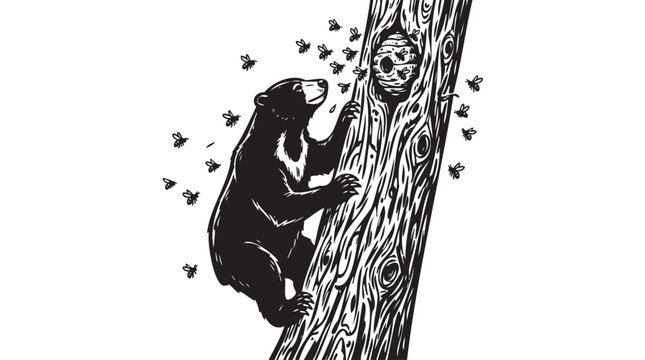 Retro black bear climbing tree vector illustration with honeycombs and swarming bees, vintage scratchboard engraving style badge design, forest wildlife adventure emblem, nature logo motif