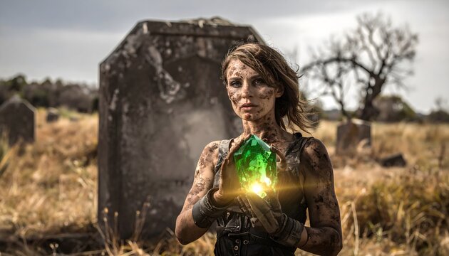 Mysterious woman with glowing green artifact standing among ancient gravestones in a desolate, sun-drenched cemetery, embodying forgotten power and untold secrets