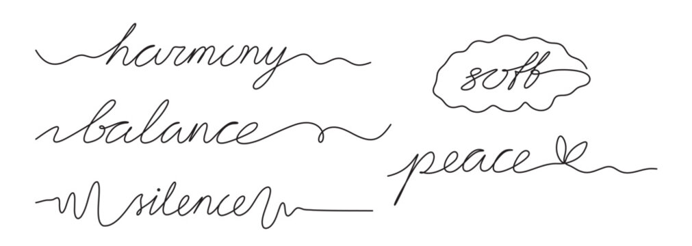 Inspirational wellness lettering bundle featuring harmony, balance, silence, soft and peace typography. Clean monoline script design collection with fully editable stroke for modern life coaching.
