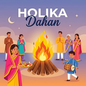 Illustration of a family celebrating the traditional indian festival holika dahan