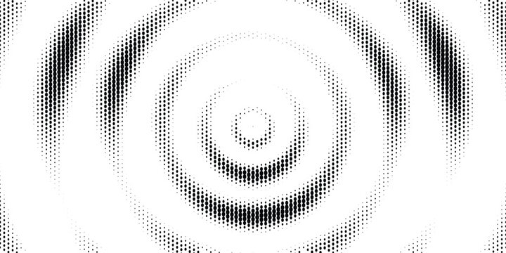 Halftone radial wave pattern, monochrome circular dot background, abstract black and white ripple texture for modern graphic design