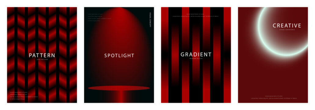 Red and black gradient cover template set with 3d chevron pattern spotlight stage and glowing ring for modern poster brochure design