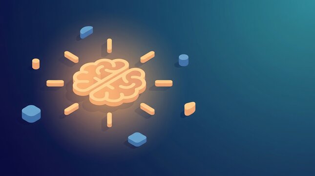 Isometric glowing brain icon with yellow rays for creative concepts.