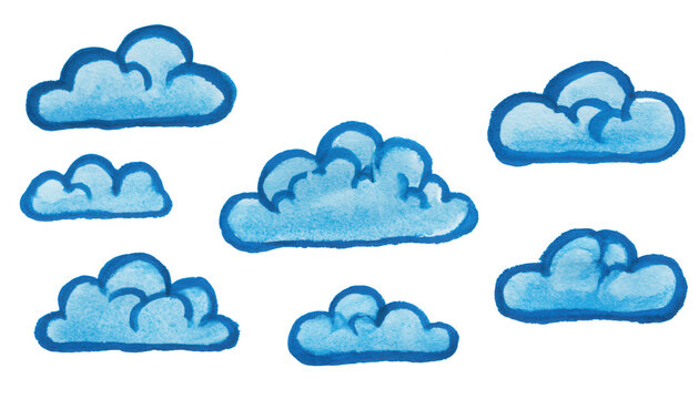 Set of five hand-painted blue clouds with soft textures for creative design projects and branding