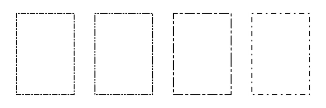 Geometric rectangle frame element kit with dash lines. Vector thin dashed border and outline box pattern set. Abstract rectangular shape collection for graphic design or template banner