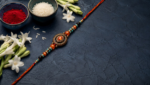 Traditional beautiful rakhi thread with fresh white jasmine flowers rice grains and red kumkum representing happy raksha bandhan festival during shravan purnima