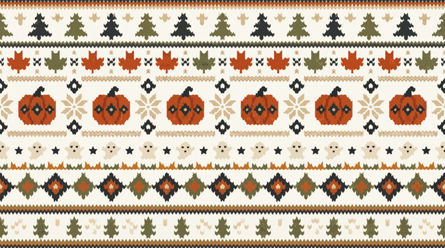 Halloween pumpkin and ghost seamless fair isle pattern vector