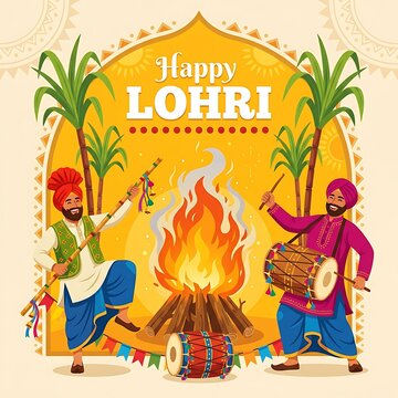 Happy lohri festival celebration with traditional punjabi dance and bonfire