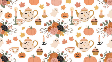 Fototapeta premium Halloween tea party seamless pattern with pumpkins and ghosts